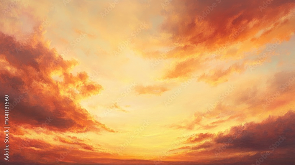 Fototapeta premium Oil painting depicting a vibrant sunset sky at twilight featuring orange and gold clouds against a scenic horizon highlighting the beauty of dusk and evening transitions