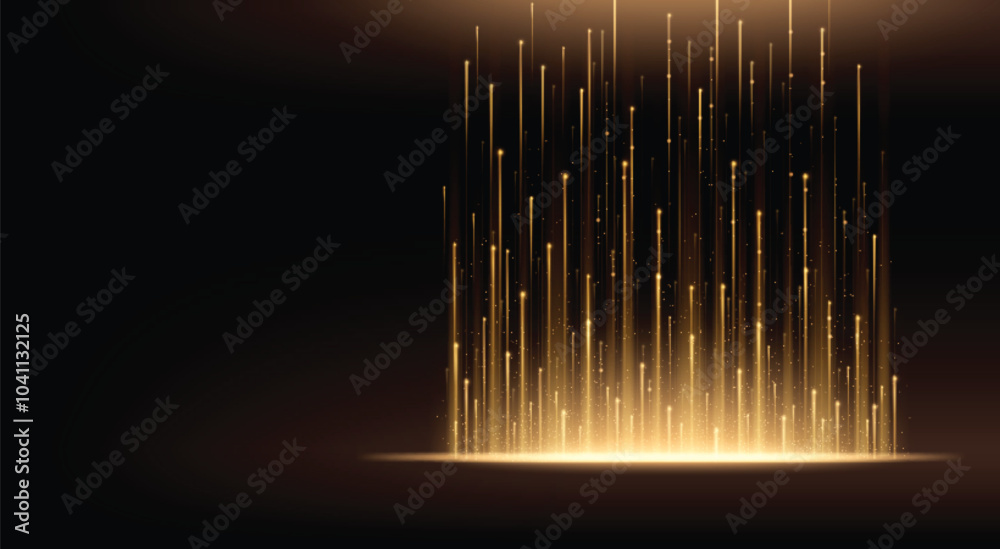 Vertical flare of golden light on black background. Realistic vector illustration of dark bg with striking visual effect. Luxury design banner with shimmering upward lines with sparkling glitter.
