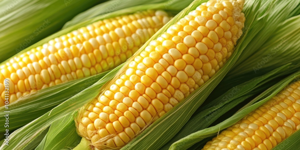 Fresh corn on the cob, yellow kernels and green leaves, ideal for food photography or still life compositions Fresh corn on the cob, yellow kernels and green leaves, ideal for food photography or still life compositions