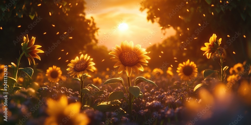 Fototapeta premium Sunflowers flourishing in a vibrant field, cultivated and offered for charitable purposes, Sunflowers thriving in a colorful field for charitable initiatives