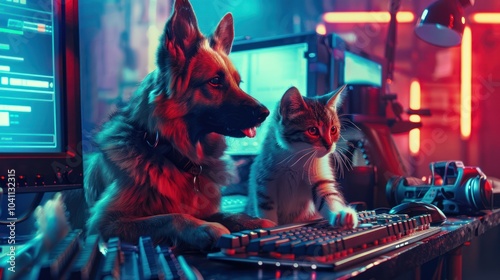 A Dog and a Cat Playing Video Games in a Neon Lit Room