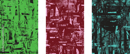 Set of posters with glitch distorted grunge texture. Poster collection texture with halftone dots, glitched shapes, textures and lines .Screen print vector poster pack with grunge textured surface