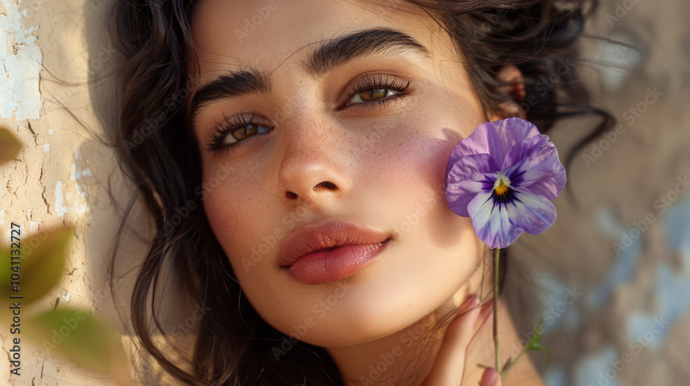 Beautiful young girl holding a pink flower in her hands in front of her face on studio blue background. Woman's beauty and nature concept. Brunette female Beautiful young girl holding a pink flower in her hands in front of her face on studio blue background. Woman's beauty and nature concept. Brunette female
