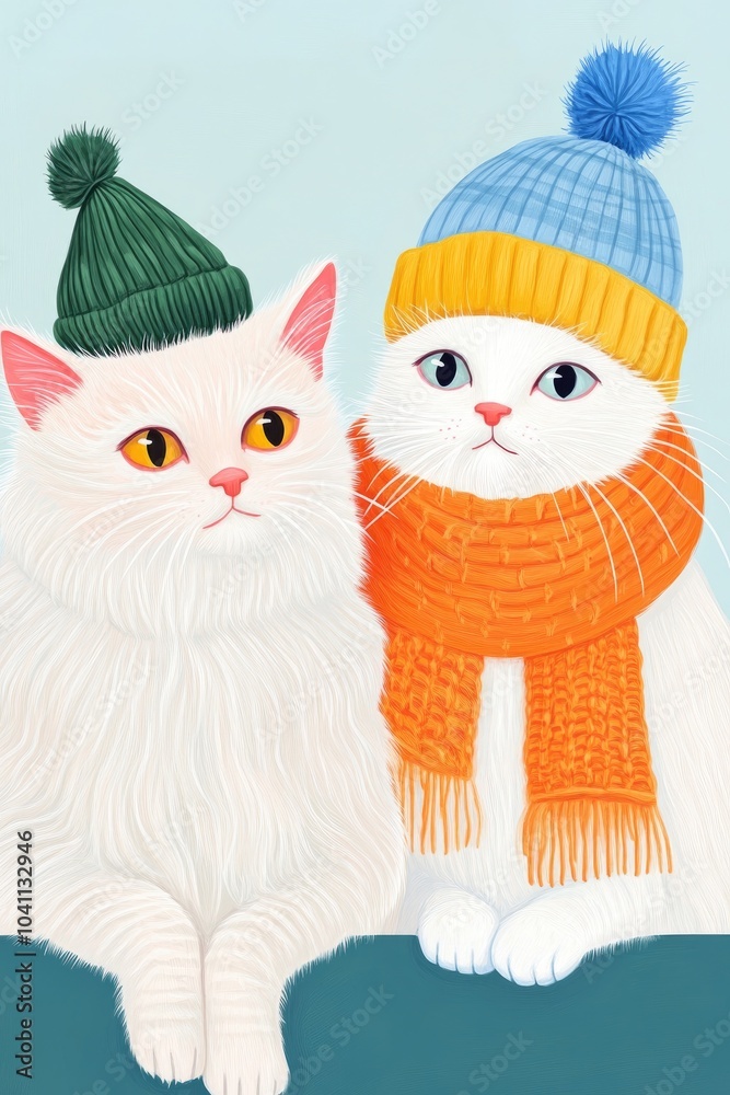 Fototapeta premium Illustration of a fluffy cat wearing a knitted scarf and hat next to a white cat adorned with a yellow knitted scarf and blue hat on a plain background Portrait of two feline friends Animal theme K