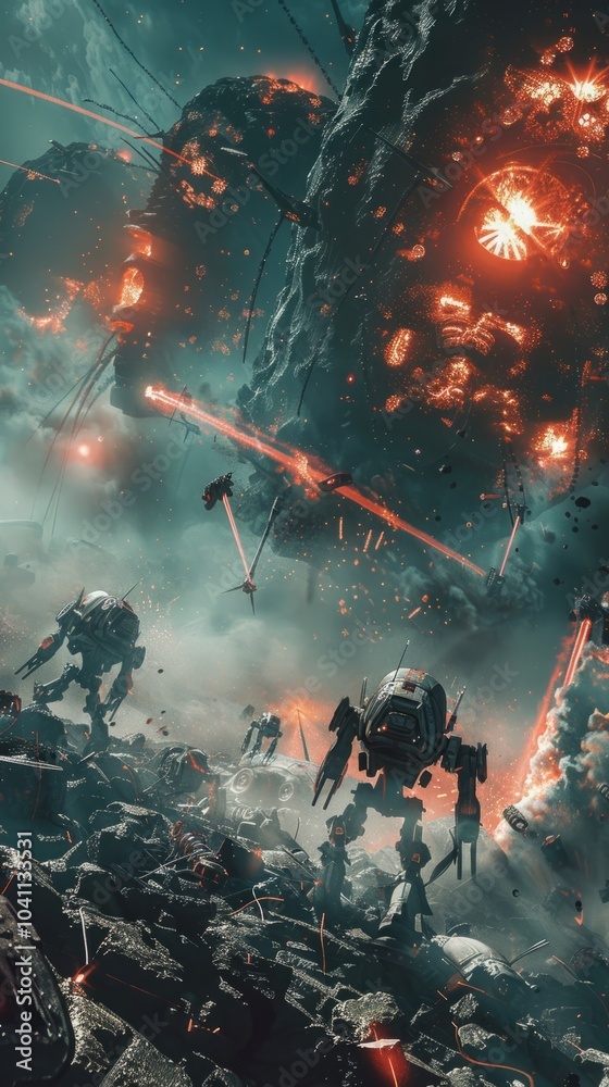 Robots fight with monsters in destroyed space, background explosions due to battle, realistic effects HD images Robots fight with monsters in destroyed space, background explosions due to battle, realistic effects HD images