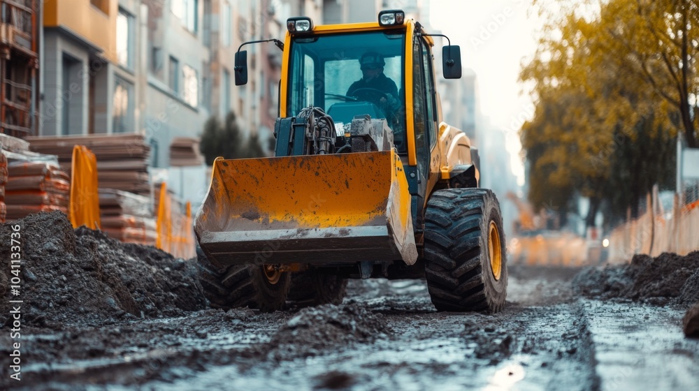 Yellow Excavator Working on Muddy Construction Site Yellow Excavator Working on Muddy Construction Site