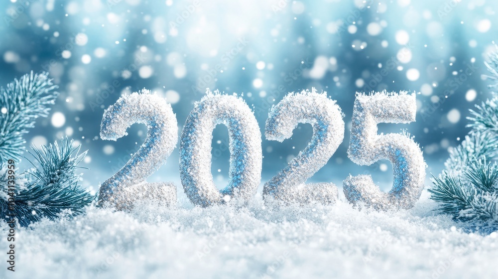Snow-covered 2025 number set against snowy foreground and frosty pine branches. Ideal for New Year's greetings, winter holiday promotions, or year-end event invitations Snow-covered 2025 number set against snowy foreground and frosty pine branches. Ideal for New Year's greetings, winter holiday promotions, or year-end event invitations