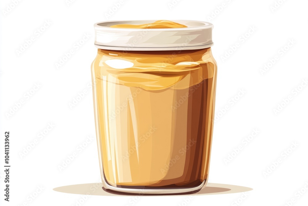 A jar of creamy peanut butter on a clean white surface, perfect for food photography or illustration A jar of creamy peanut butter on a clean white surface, perfect for food photography or illustration