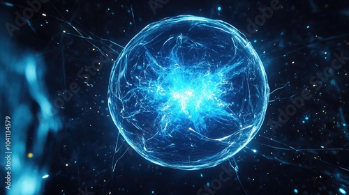 3D cartoon depiction of a blue glowing sphere shaped power source in space featuring fusion or fission with particles Depth of field Computer generated abstract background