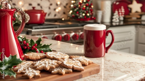 Festive Kitchen Countertop with Cookies and Coffee Mug