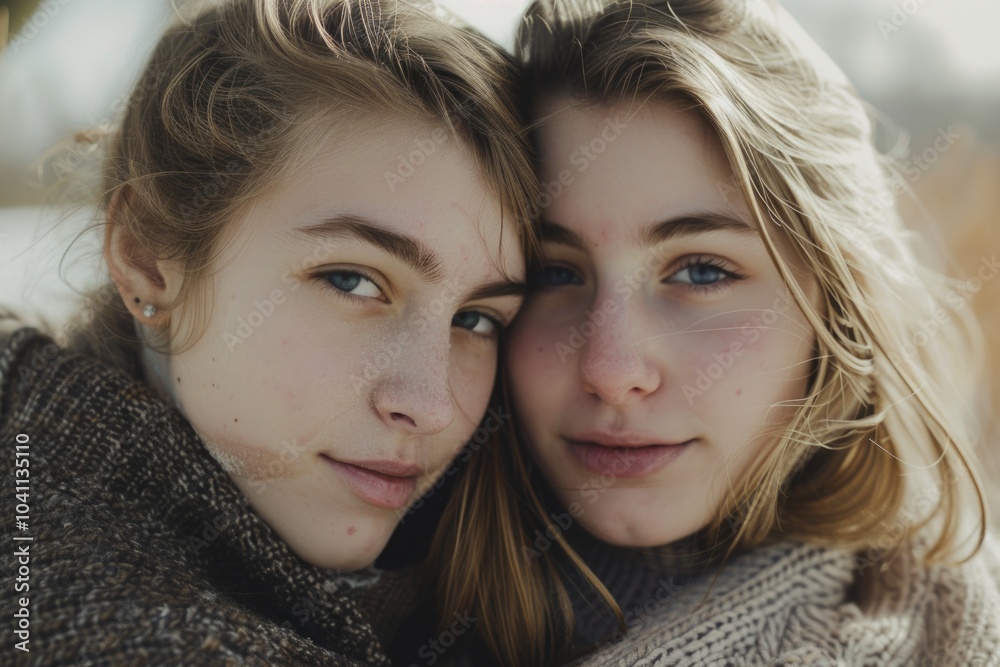 Two friends embracing in a green meadow, suitable for family or friendship-themed projects Two friends embracing in a green meadow, suitable for family or friendship-themed projects