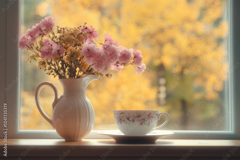 A still life image of a vase of flowers sitting next to a cup on a windowsill A still life image of a vase of flowers sitting next to a cup on a windowsill