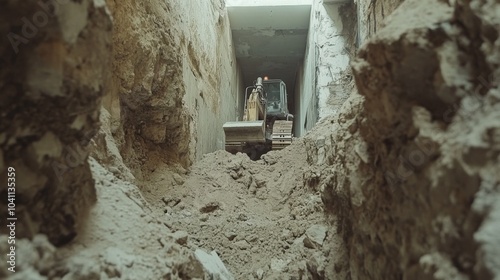 Excavator Working in a Narrow Demolished Building Passage