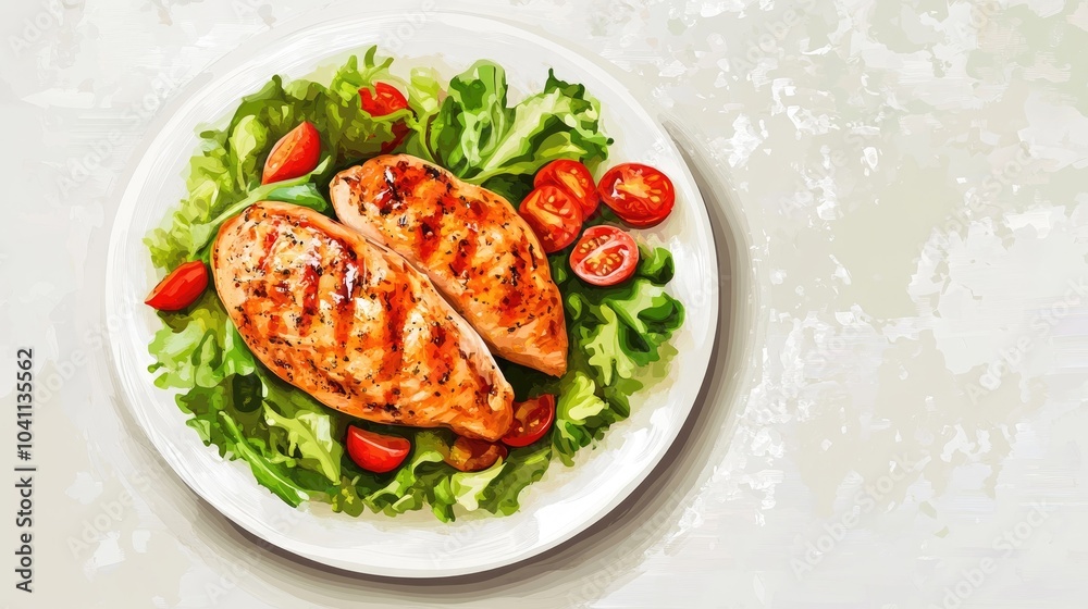 A top down view of a plate featuring chicken fillet alongside fresh salad and tomatoes presented on a white surface over a light gray table A top down view of a plate featuring chicken fillet alongside fresh salad and tomatoes presented on a white surface over a light gray table