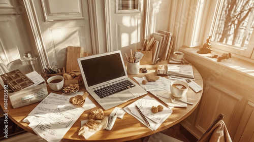 A cluttered round table in a cozy kitchen, with a laptop surrounded by scattered documents, snacks, and coffee mugs