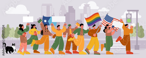 Diverse group of people marching in peaceful protest on city street. Carton flat vector illustration of men and women holding flags, blank signs, and books or notepads. Unity and activism concept.