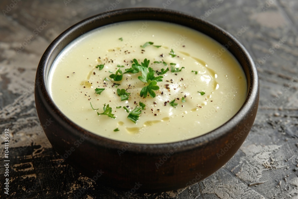 A bowl of hot soup sits on a table, ready to be enjoyed A bowl of hot soup sits on a table, ready to be enjoyed