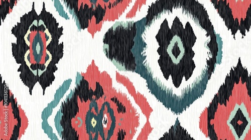 Ikat seamless pattern featuring native ornamentation Boho endless texture with Peruvian motifs Navajo inspired design in a color palette of white cyan black red and green photo