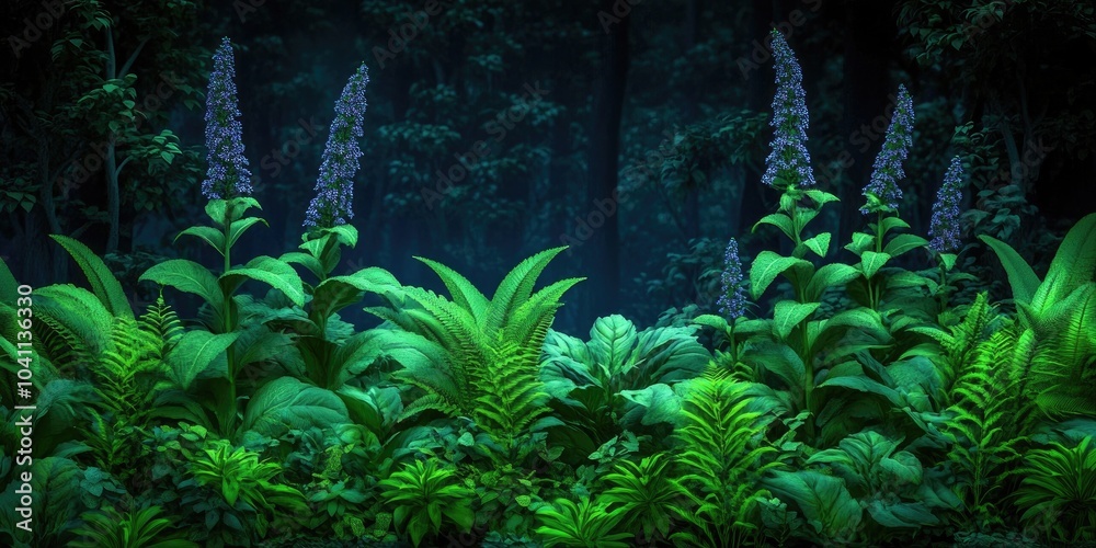 Black cohosh plant (Cimicifuga racemosa) growing among other flora in a garden setting, Black cohosh plant growing among various plants in a garden