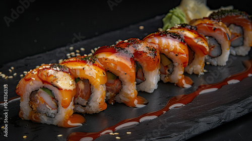 A fresh sushi, black enviro...