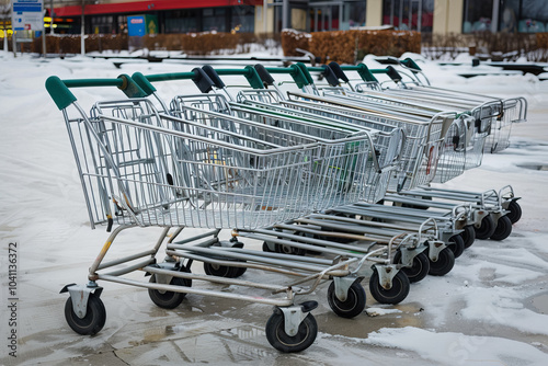 a lot of supermarket carts