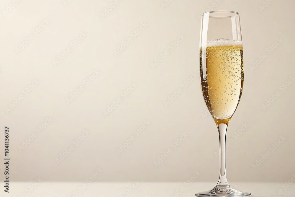 An Elegantly Positioned Champagne Flute Filled With Bubbling Champagne, Resting Atop A Pristine White Background To Highlight Its Effervescence An Elegantly Positioned Champagne Flute Filled With Bubbling Champagne, Resting Atop A Pristine White Background To Highlight Its Effervescence