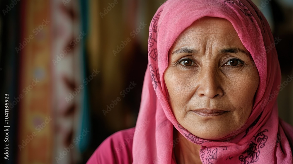 A older woman with cancer, wearing a pink scarf, looks directly into the camera Breast Cancer support A older woman with cancer, wearing a pink scarf, looks directly into the camera Breast Cancer support