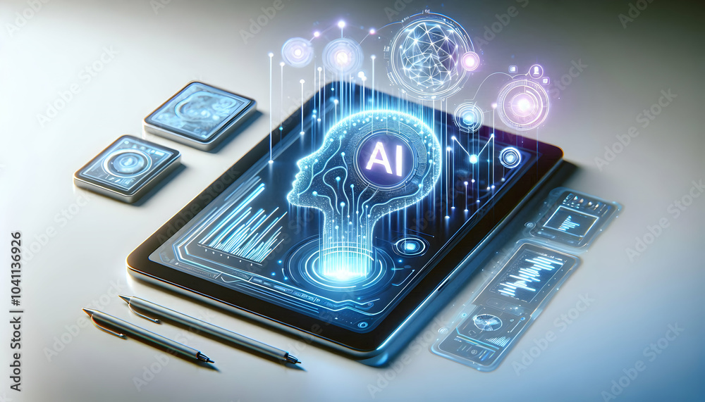 3D Holographic Tablet with Glowing Data Streams, AI Graphs, Modern Desk, Floating Elements, Copy Space, Growth, Expertise in AI, Technology Concept, Isolated on White Background 3D Holographic Tablet with Glowing Data Streams, AI Graphs, Modern Desk, Floating Elements, Copy Space, Growth, Expertise in AI, Technology Concept, Isolated on White Background