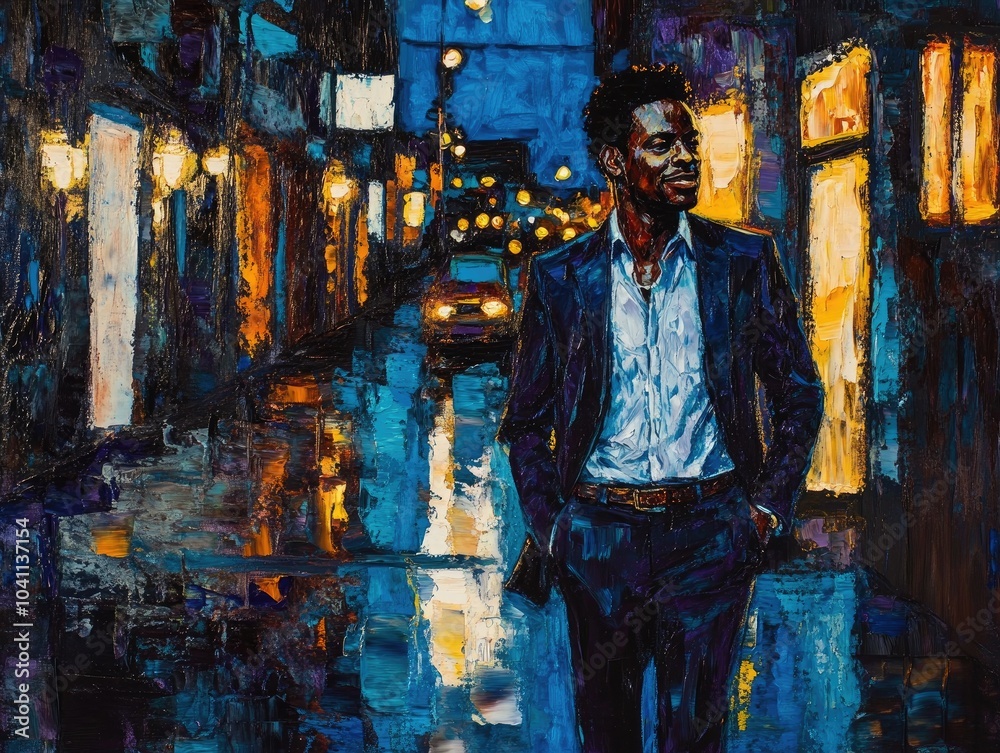 Cheerful young African American man in a dark blue suit and shirt strolling through illuminated urban streets at night captured in a full length realistic image Cheerful young African American man in a dark blue suit and shirt strolling through illuminated urban streets at night captured in a full length realistic image
