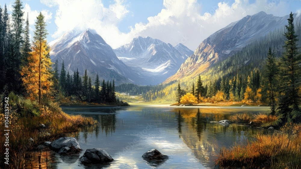 Naklejka premium Oil painting depicting a serene lake surrounded by mountains showcasing the beauty of nature in a tranquil valley setting within a national park