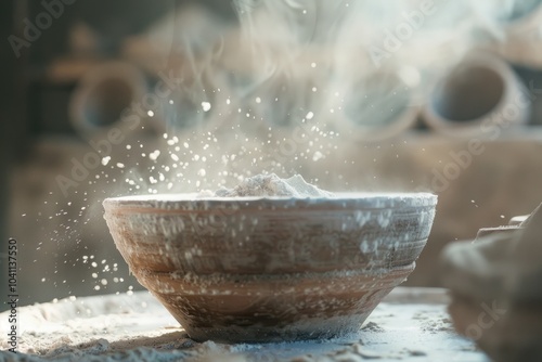 A bowl filled with flour is moistened with water, perfect for baking or cooking