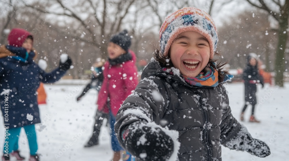 Children Enjoying a Playful Snowball Fight in Park Children Enjoying a Playful Snowball Fight in Park