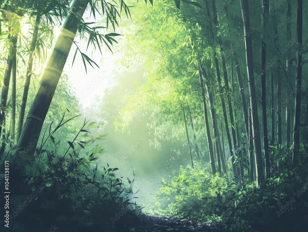 Fototapeta premium Anime style morning view of a serene bamboo forest