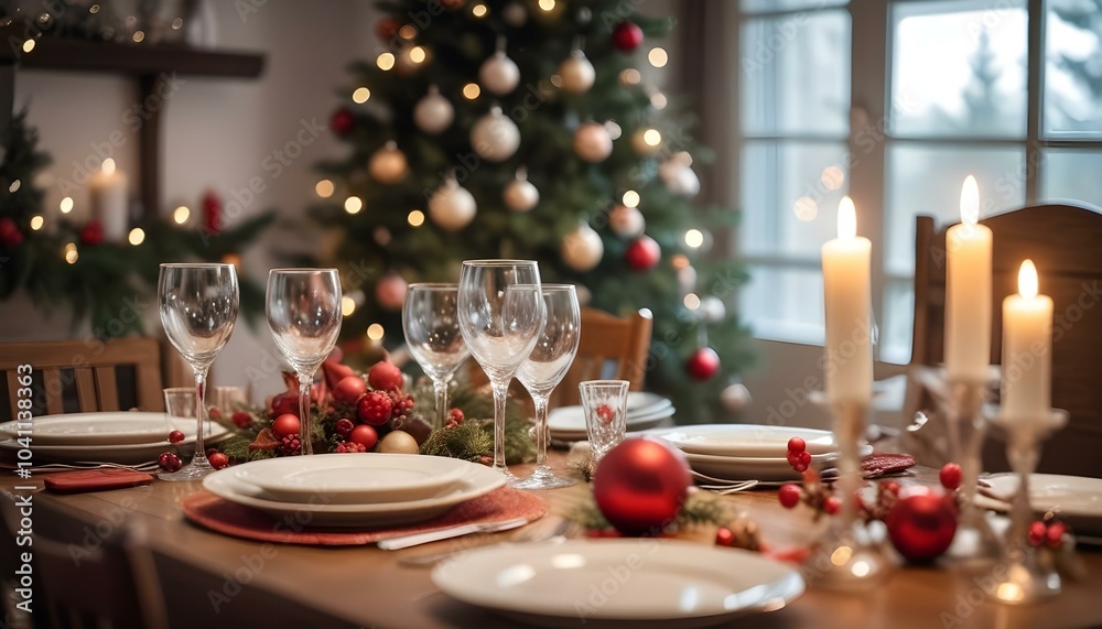 A festive Christmas dinner table setting with plates, glasses, and holiday decorations in front of a blurred Christmas tree with twinkling lights. A festive Christmas dinner table setting with plates, glasses, and holiday decorations in front of a blurred Christmas tree with twinkling lights.