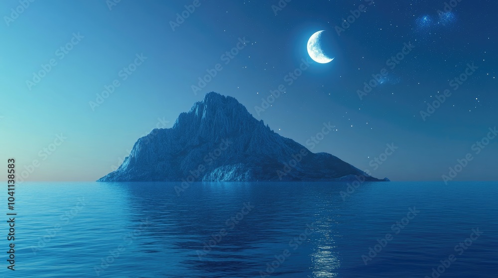 3D illustration of a mountain in the sea featuring a moon and stars against an abstract blue background 3D illustration of a mountain in the sea featuring a moon and stars against an abstract blue background
