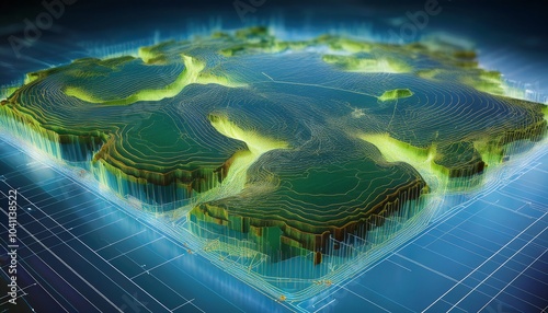 A vibrant, digital landscape features illuminated terrain and waterways, representing advanced technology and data visualization in a 3D format.