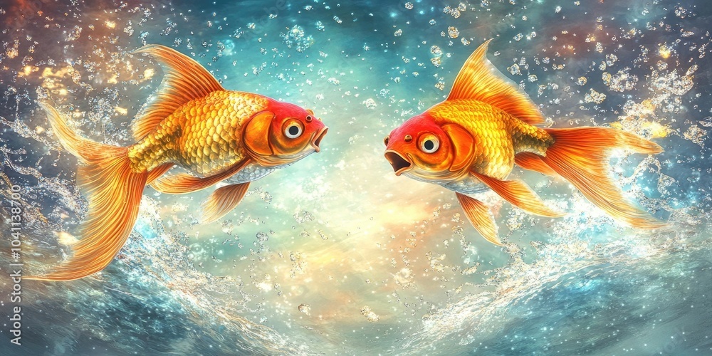 Goldfish leaping from the surface of the water, Goldfish jumping out of water Goldfish leaping from the surface of the water, Goldfish jumping out of water