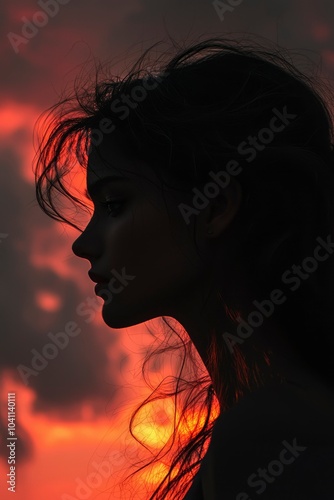 Silhouette of a Woman with Long Hair Against a Sunset Sky