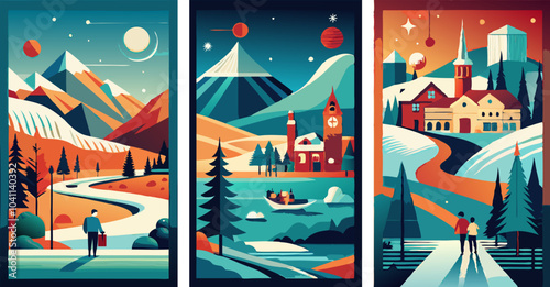 Abstract mountain landscapes with seasons and village scenes for artistic decor and design