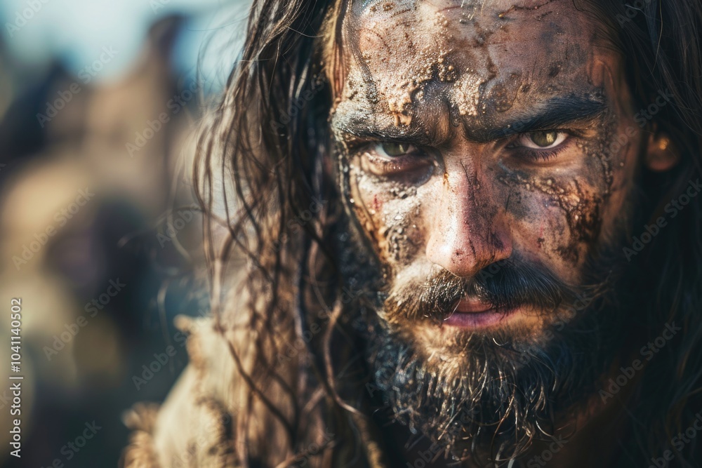 Portrait of a man with long hair and beard, ideal for use in editorial or commercial content Portrait of a man with long hair and beard, ideal for use in editorial or commercial content