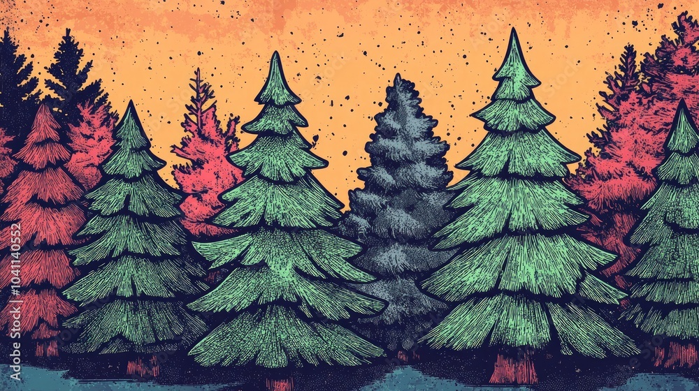 Obraz premium Coloring book illustration of green fir Christmas trees for sale at a festive market