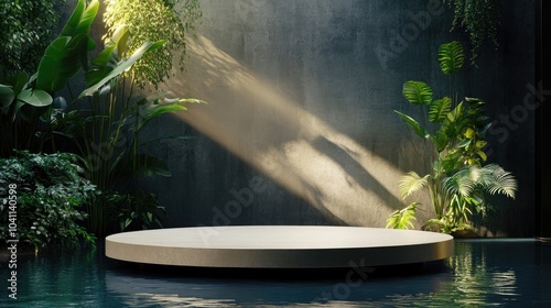 Podium positioned in water featuring plants in the background A stunning natural display for product or cosmetic showcasing Platform designed for beauty items Unoccupied setting stage 3D visualiza photo