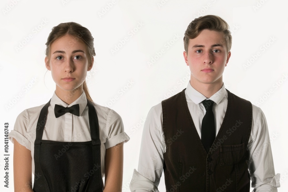 A couple standing together in kitchen aprons, smiling for the camera A couple standing together in kitchen aprons, smiling for the camera