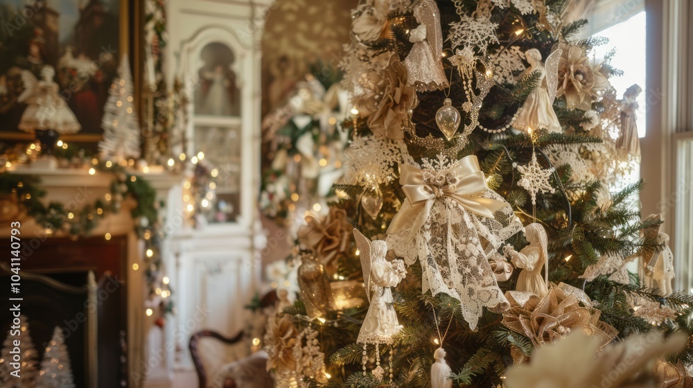 Fototapeta premium Victorian Charm: A Christmas Tree Adorned with Vintage Ornaments