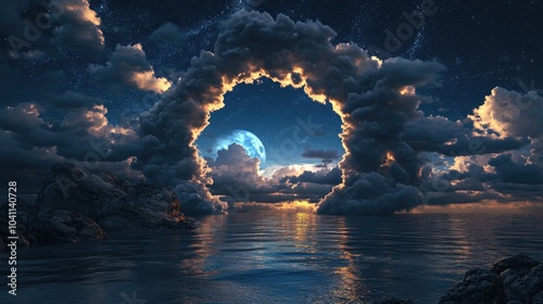 Elegant natural backdrop for product presentation featuring a whimsical cloud and arch frame in a 3D seascape night setting photo