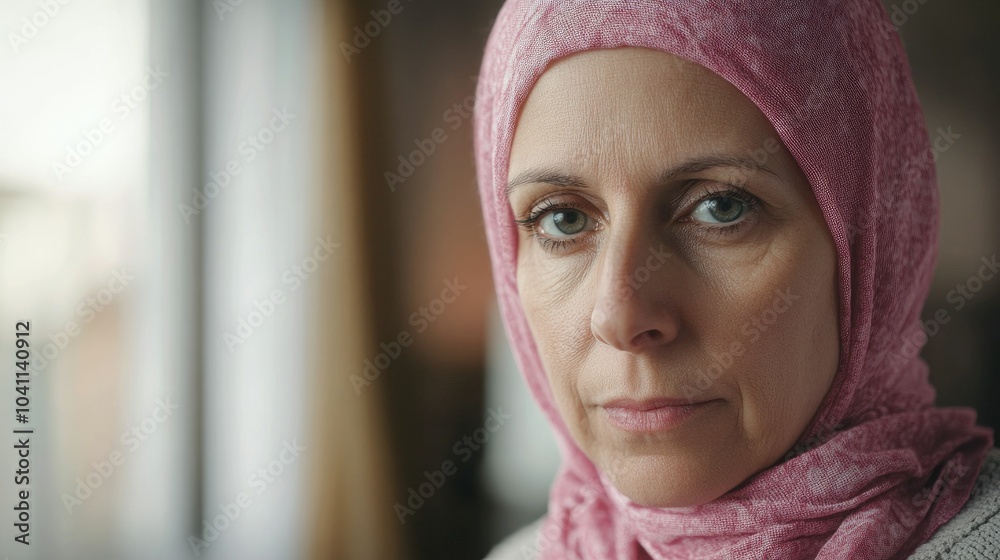 A older woman with cancer, wearing a pink scarf, looks directly into the camera Breast Cancer support A older woman with cancer, wearing a pink scarf, looks directly into the camera Breast Cancer support