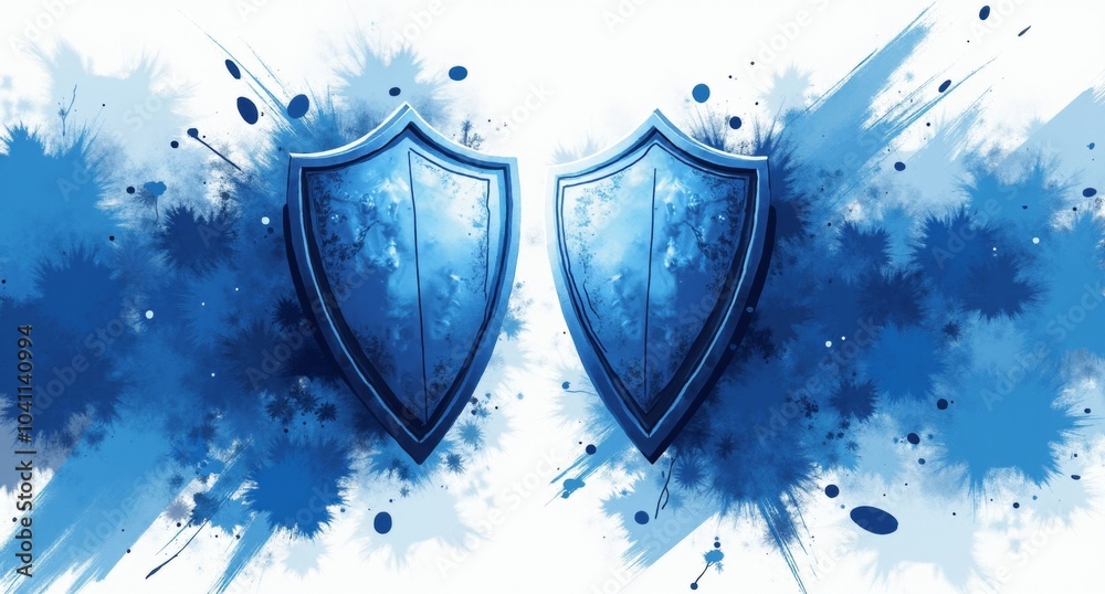 Fototapeta premium Unity in blue and white with dynamic brushstrokes, shields, and locked gates, symbolizing security and collective protection