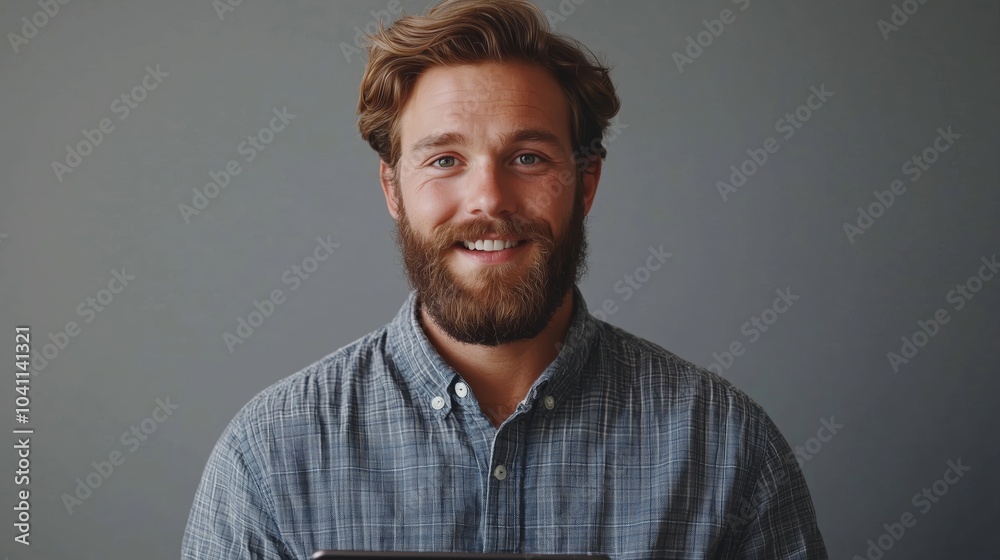 Fototapeta premium Smiling Man with Beard Holding Tablet Device