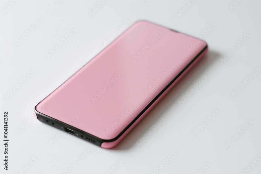 A pink phone sits on a white table A pink phone sits on a white table