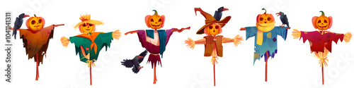 Scarecrow collection with pumpkin head, straw body and clothes, with black crow bird. Cartoon vector illustration set of Halloween farm field and garden protection decoration with vegetable.